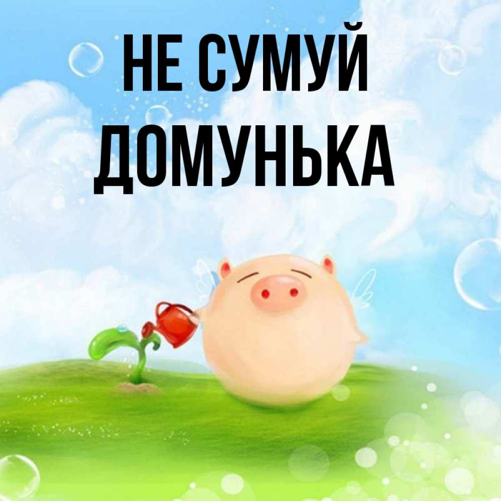 Открытка на каждый день з підписом, Домунька Не сумуй поливает цветок порося Прикольна листівка з побажанням онлайн скачати безкоштовно 