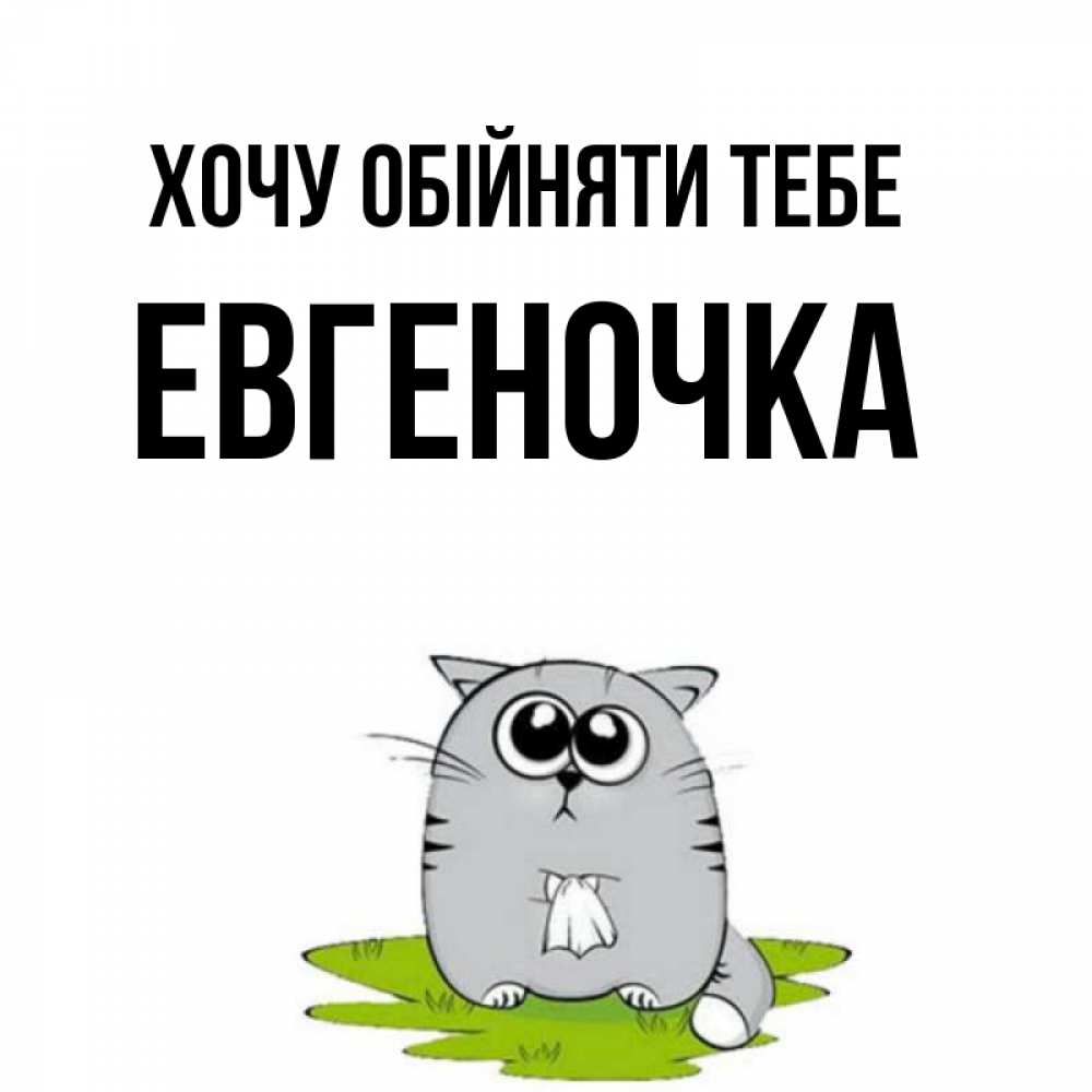 Открытка на каждый день з підписом, Евгеночка Хочу обійняти тебе котик теребит платочек сидя на травке Прикольна листівка з побажанням онлайн скачати безкоштовно 
