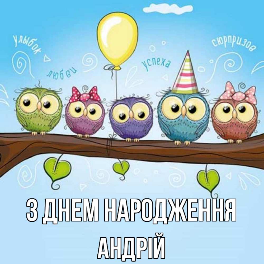 Открытка на каждый день з підписом, Андрій З Днем народження совы Прикольна листівка з побажанням онлайн скачати безкоштовно 