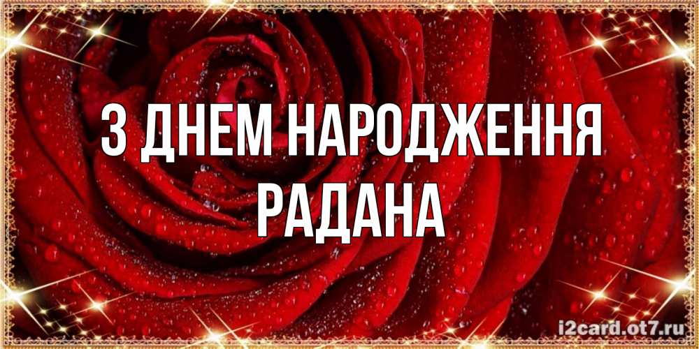 Открытка на каждый день з підписом, Радана З Днем народження роса на розе блестящая в лучах солнца Прикольна листівка з побажанням онлайн скачати безкоштовно 