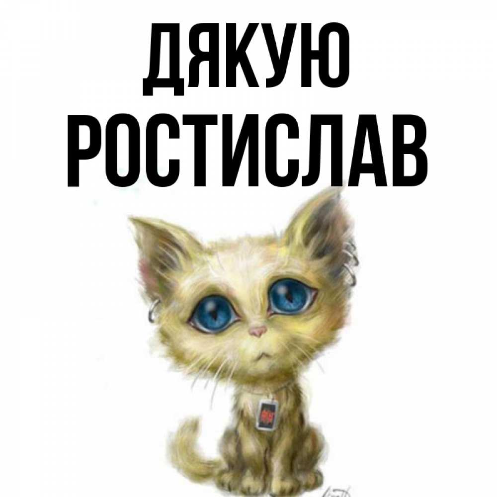 Открытка на каждый день з підписом, Ростислав Дякую рисованный кот благодарит вас Прикольна листівка з побажанням онлайн скачати безкоштовно 