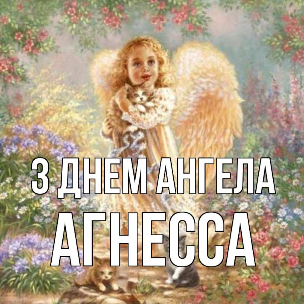 Открытка на каждый день з підписом, Агнесса З Днем ангела держит котенка Прикольна листівка з побажанням онлайн скачати безкоштовно 