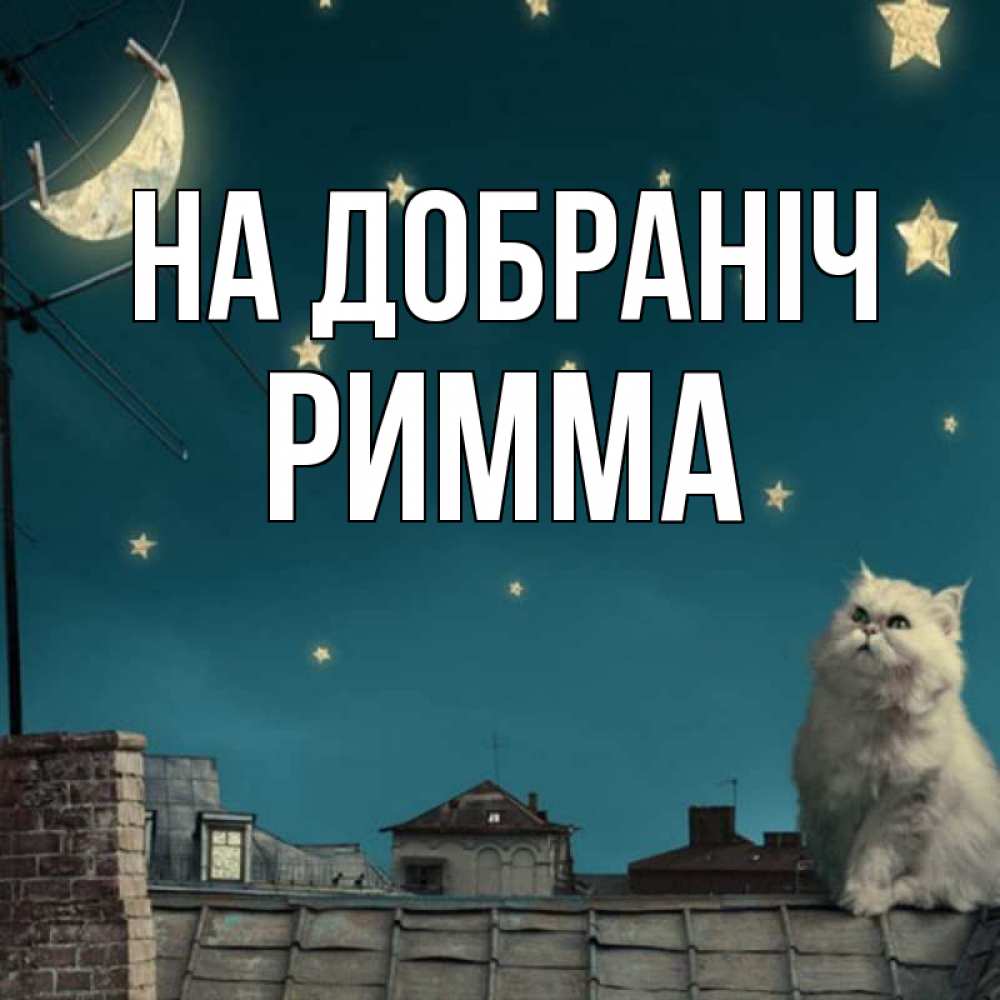 Открытка на каждый день з підписом, Римма На добраніч белый кот сидит на крыше Прикольна листівка з побажанням онлайн скачати безкоштовно 