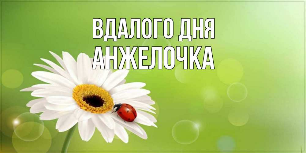 Открытка на каждый день з підписом, Анжелочка Вдалого дня зеленый фон и ромашка Прикольна листівка з побажанням онлайн скачати безкоштовно 