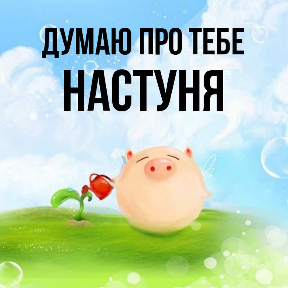 Открытка на каждый день з підписом, Настуня Думаю про тебе позитивная свинюшка Прикольна листівка з побажанням онлайн скачати безкоштовно 