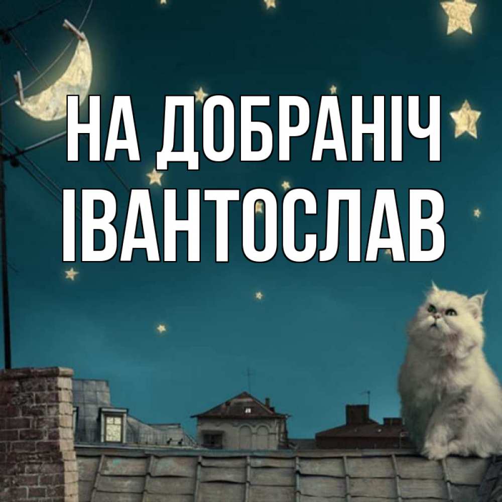 Открытка на каждый день з підписом, Івантослав На добраніч белый кот сидит на крыше Прикольна листівка з побажанням онлайн скачати безкоштовно 