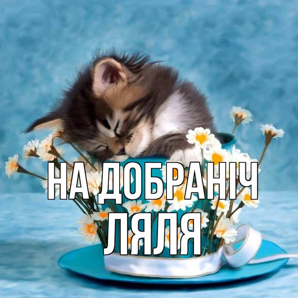 Открытка на каждый день з підписом, Ляля На добраніч котенок спит в кружке с блюдцем Прикольна листівка з побажанням онлайн скачати безкоштовно 