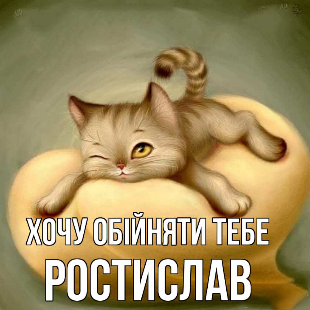 Открытка на каждый день з підписом, Ростислав Хочу обійняти тебе кошечка Прикольна листівка з побажанням онлайн скачати безкоштовно 
