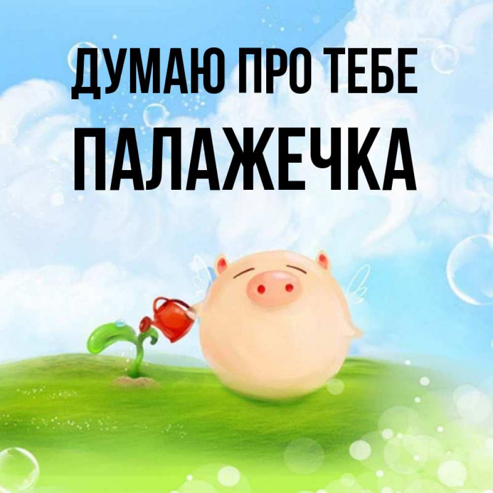 Открытка на каждый день з підписом, Палажечка Думаю про тебе позитивная свинюшка Прикольна листівка з побажанням онлайн скачати безкоштовно 