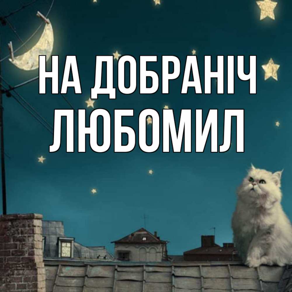 Открытка на каждый день з підписом, Любомил На добраніч белый кот сидит на крыше Прикольна листівка з побажанням онлайн скачати безкоштовно 