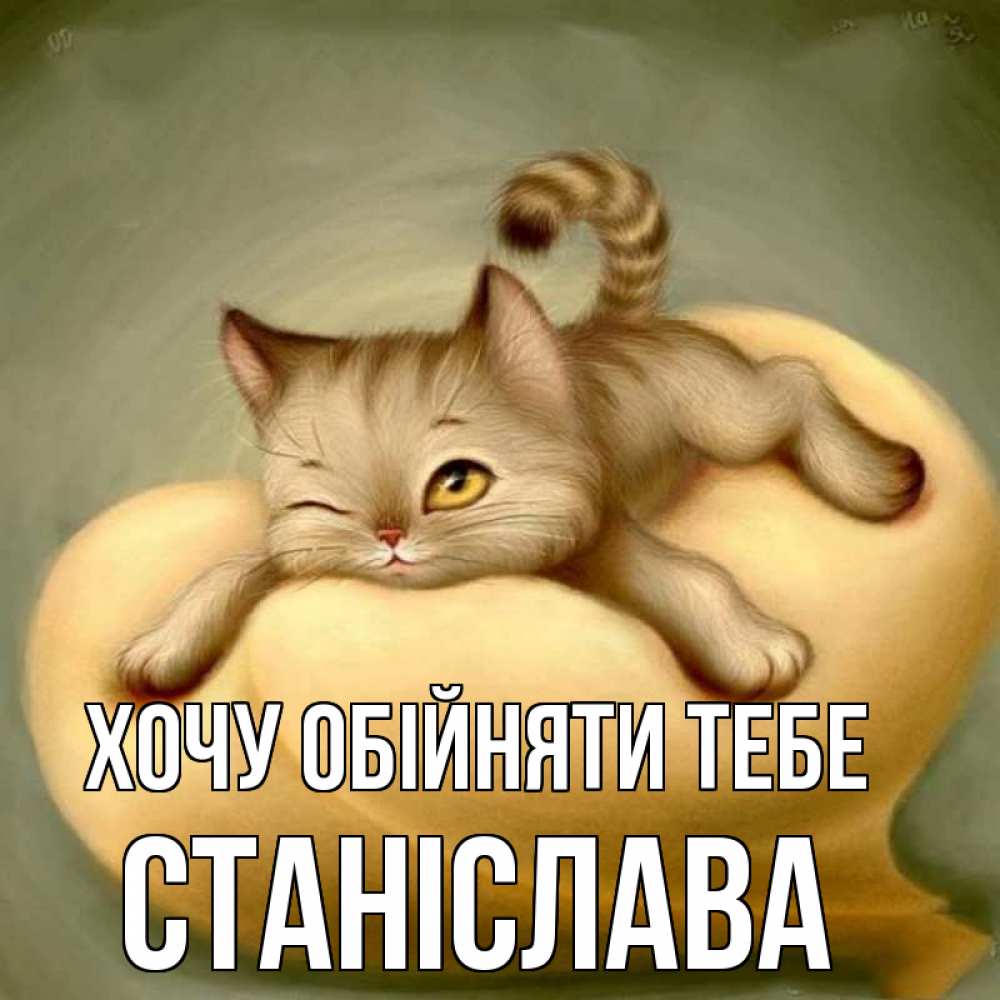 Открытка на каждый день з підписом, Станіслава Хочу обійняти тебе кошечка Прикольна листівка з побажанням онлайн скачати безкоштовно 