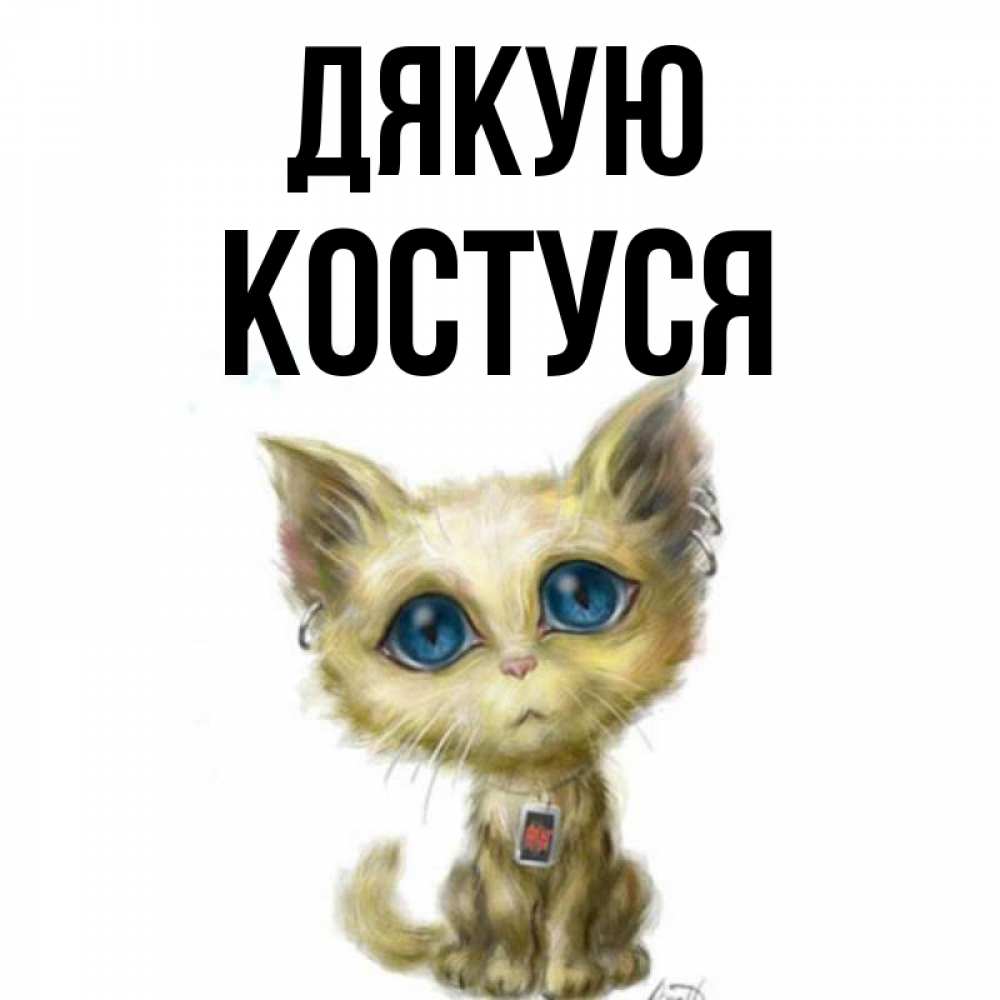 Открытка на каждый день з підписом, Костуся Дякую рисованный кот благодарит вас Прикольна листівка з побажанням онлайн скачати безкоштовно 