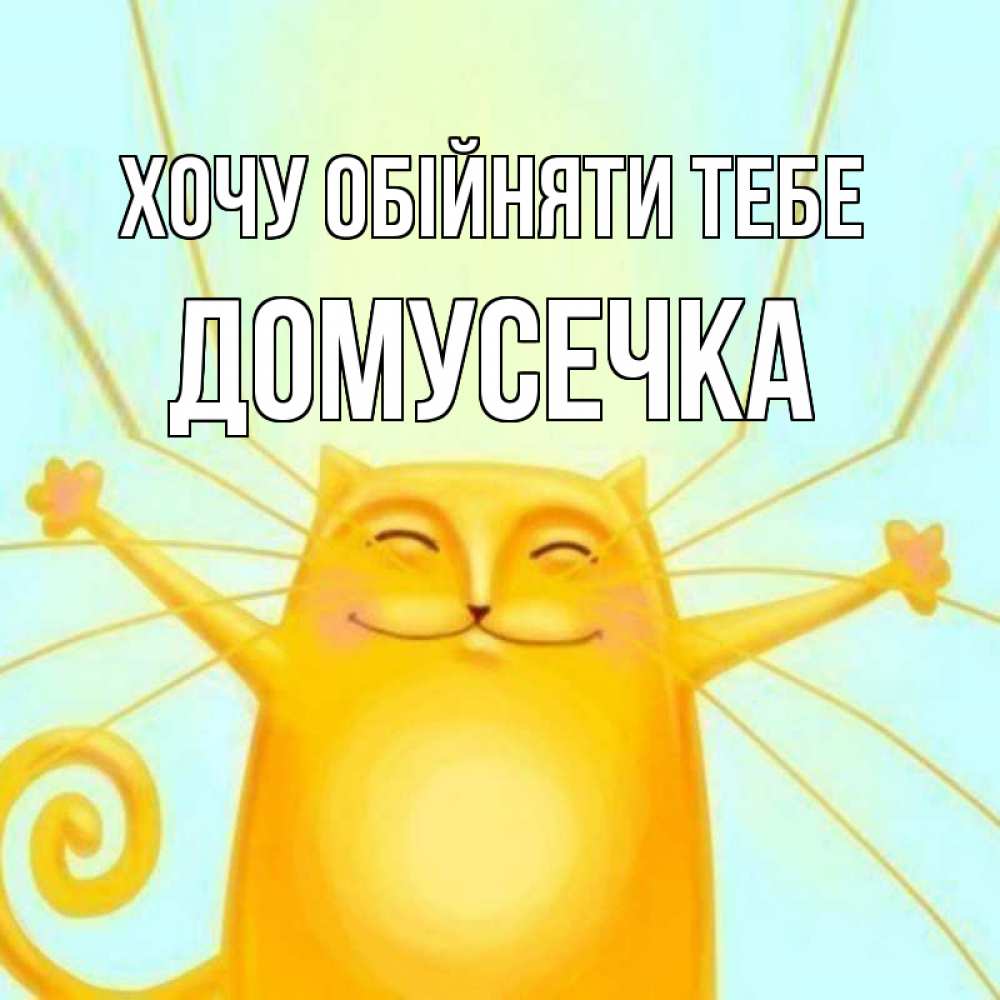 Открытка на каждый день з підписом, Домусечка Хочу обійняти тебе солнечный обнимашечный кот Прикольна листівка з побажанням онлайн скачати безкоштовно 