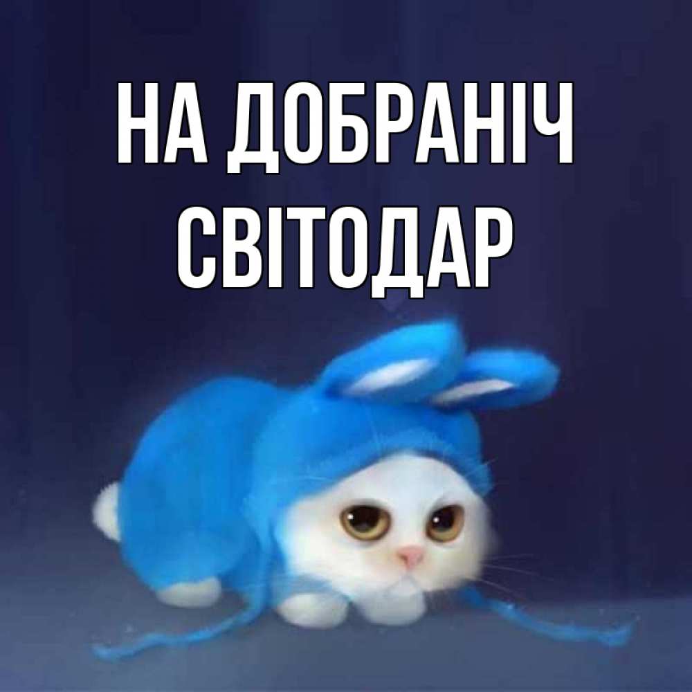 Открытка на каждый день з підписом, Світодар На добраніч кот в голубом костюме кролика с ушками Прикольна листівка з побажанням онлайн скачати безкоштовно 