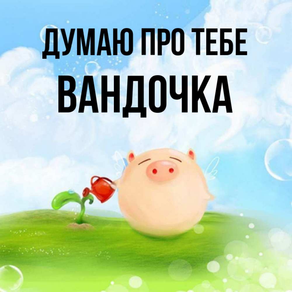 Открытка на каждый день з підписом, Вандочка Думаю про тебе позитивная свинюшка Прикольна листівка з побажанням онлайн скачати безкоштовно 