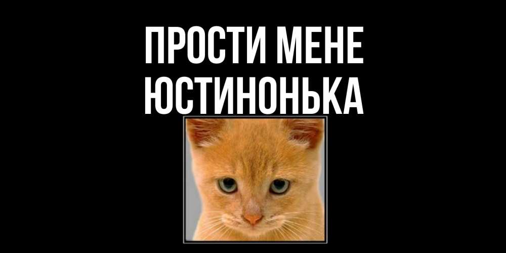Открытка на каждый день з підписом, Юстинонька Прости мене рыжий грустный кот просит прощения Прикольна листівка з побажанням онлайн скачати безкоштовно 