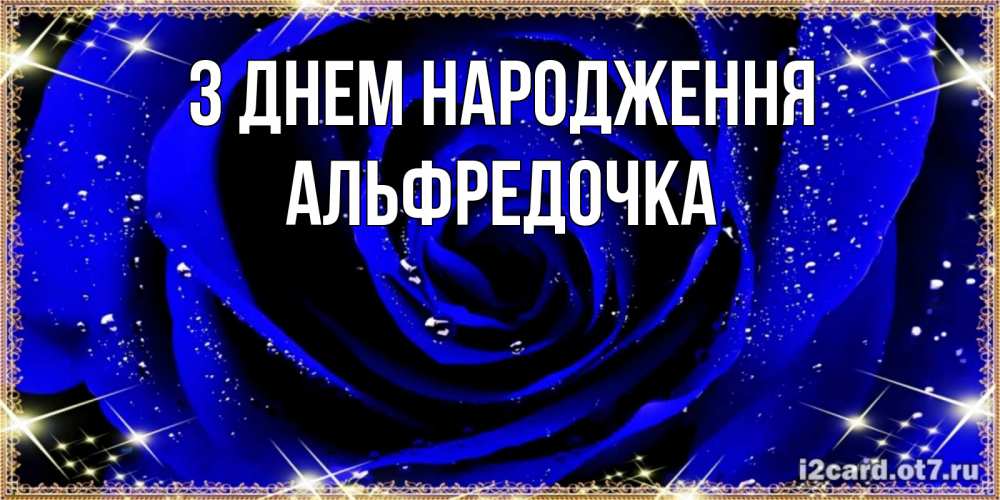 Открытка на каждый день з підписом, Альфредочка З Днем народження голубые цветы в росе Прикольна листівка з побажанням онлайн скачати безкоштовно 