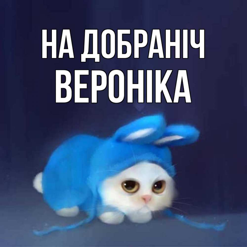 Открытка на каждый день з підписом, Вероніка На добраніч кот в голубом костюме кролика с ушками Прикольна листівка з побажанням онлайн скачати безкоштовно 