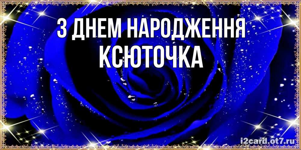 Открытка на каждый день з підписом, Ксюточка З Днем народження голубые цветы в росе Прикольна листівка з побажанням онлайн скачати безкоштовно 