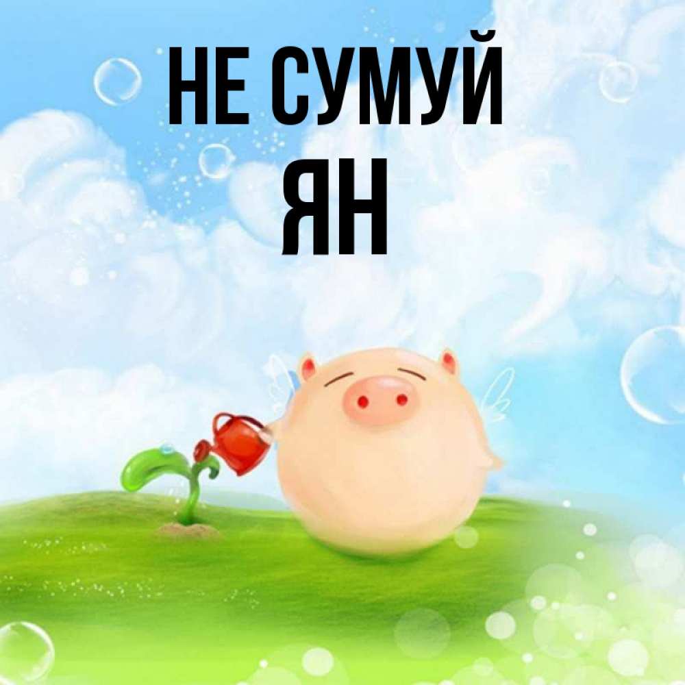 Открытка на каждый день з підписом, Ян Не сумуй поливает цветок порося Прикольна листівка з побажанням онлайн скачати безкоштовно 