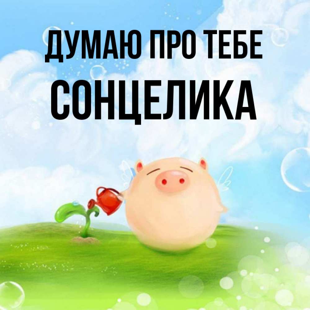 Открытка на каждый день з підписом, Сонцелика Думаю про тебе позитивная свинюшка Прикольна листівка з побажанням онлайн скачати безкоштовно 