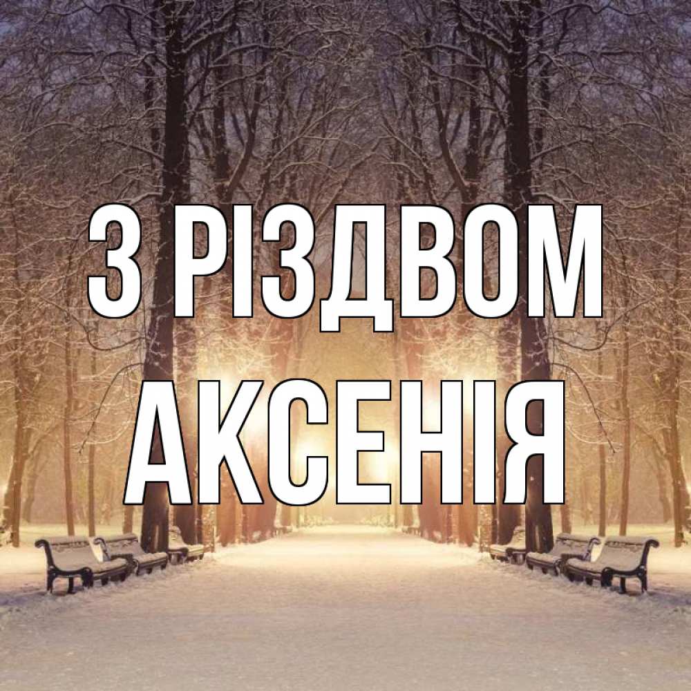 Открытка на каждый день з підписом, Аксенія З Різдвом зима, парк, фонарь, лес Прикольна листівка з побажанням онлайн скачати безкоштовно 
