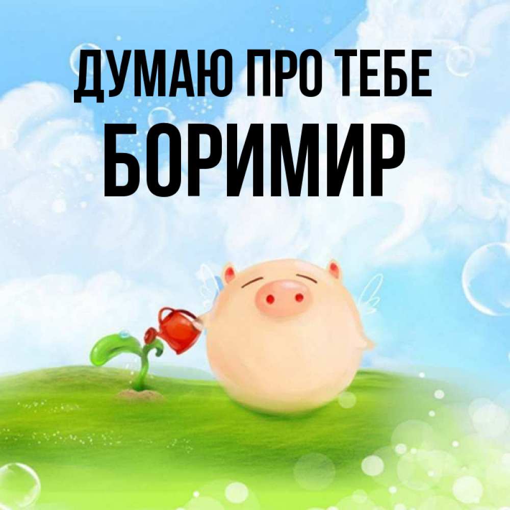 Открытка на каждый день з підписом, Боримир Думаю про тебе позитивная свинюшка Прикольна листівка з побажанням онлайн скачати безкоштовно 