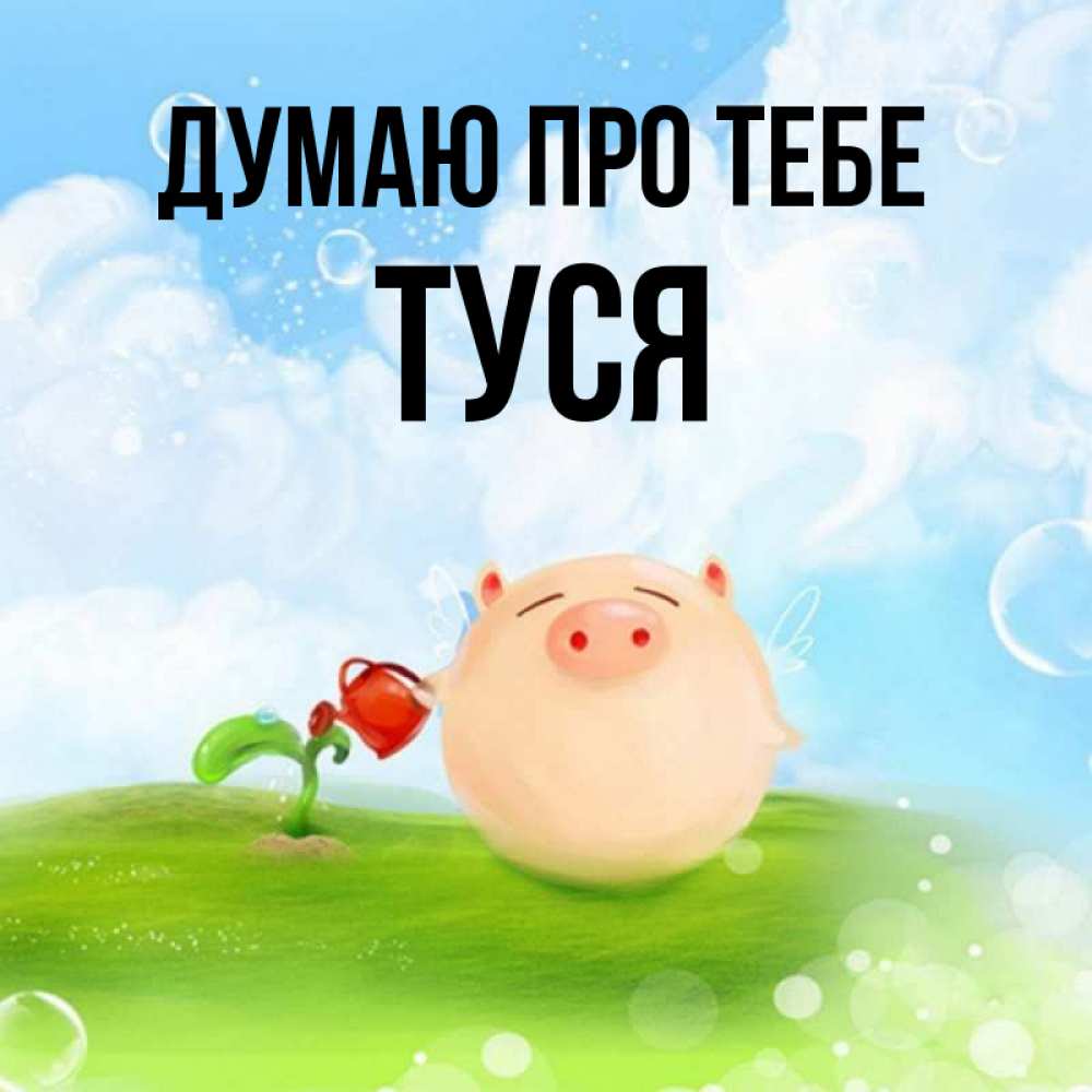 Открытка на каждый день з підписом, Туся Думаю про тебе позитивная свинюшка Прикольна листівка з побажанням онлайн скачати безкоштовно 