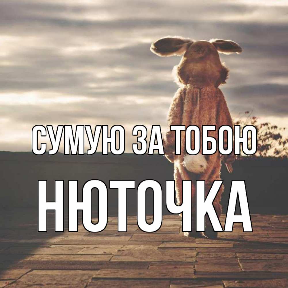 Открытка на каждый день з підписом, Нюточка Сумую за тобою даже в костюме зайца Прикольна листівка з побажанням онлайн скачати безкоштовно 