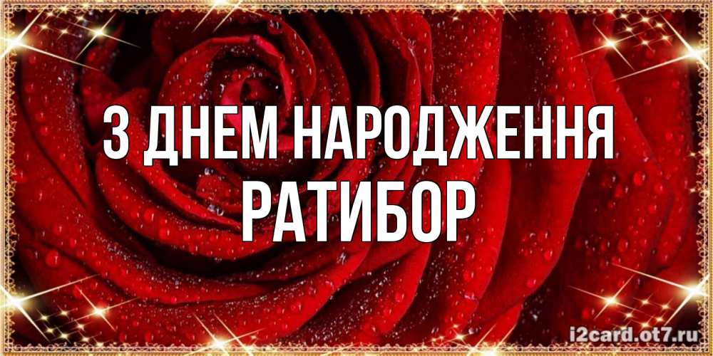 Открытка на каждый день з підписом, Ратибор З Днем народження роса на розе блестящая в лучах солнца Прикольна листівка з побажанням онлайн скачати безкоштовно 