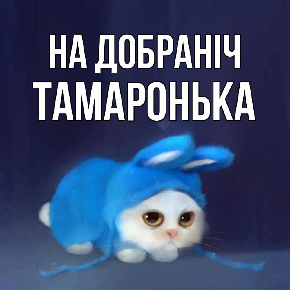 Открытка на каждый день з підписом, Тамаронька На добраніч кот в голубом костюме кролика с ушками Прикольна листівка з побажанням онлайн скачати безкоштовно 