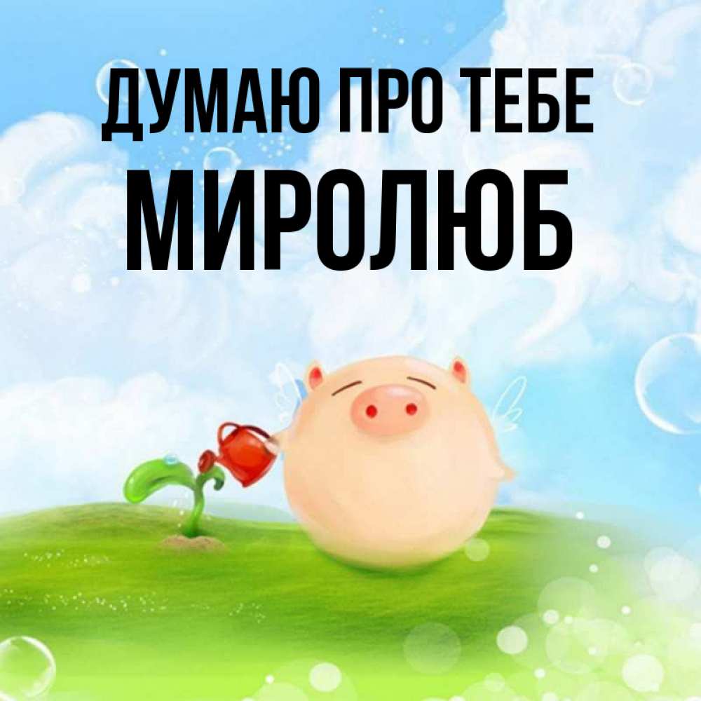 Открытка на каждый день з підписом, Миролюб Думаю про тебе позитивная свинюшка Прикольна листівка з побажанням онлайн скачати безкоштовно 