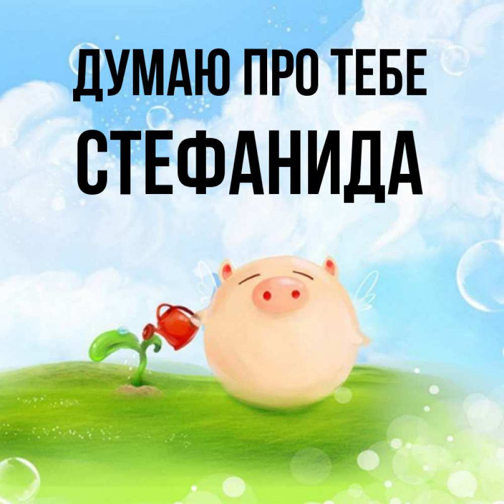 Открытка на каждый день з підписом, Стефанида Думаю про тебе позитивная свинюшка Прикольна листівка з побажанням онлайн скачати безкоштовно 