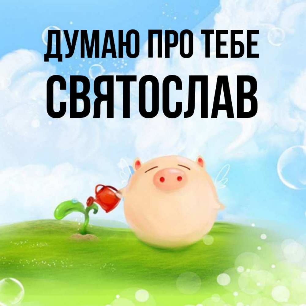 Открытка на каждый день з підписом, Святослав Думаю про тебе позитивная свинюшка Прикольна листівка з побажанням онлайн скачати безкоштовно 