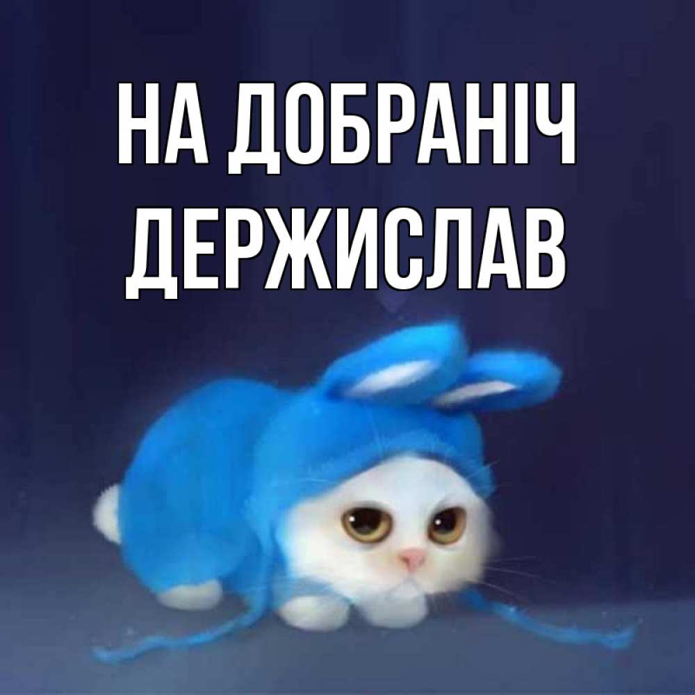 Открытка на каждый день з підписом, Держислав На добраніч кот в голубом костюме кролика с ушками Прикольна листівка з побажанням онлайн скачати безкоштовно 