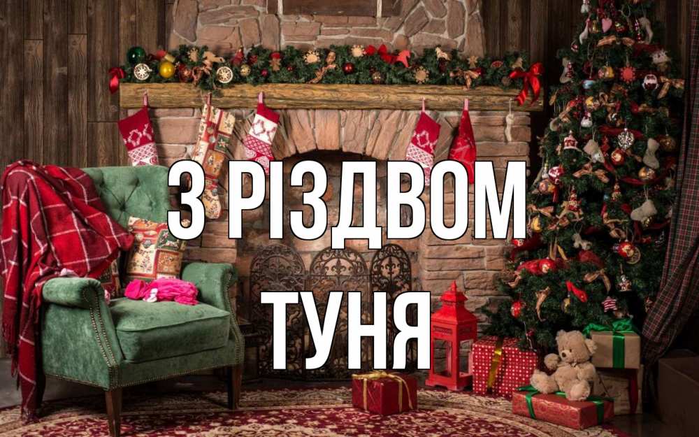 Открытка на каждый день з підписом, Туня З Різдвом рождество, камин, ель Прикольна листівка з побажанням онлайн скачати безкоштовно 