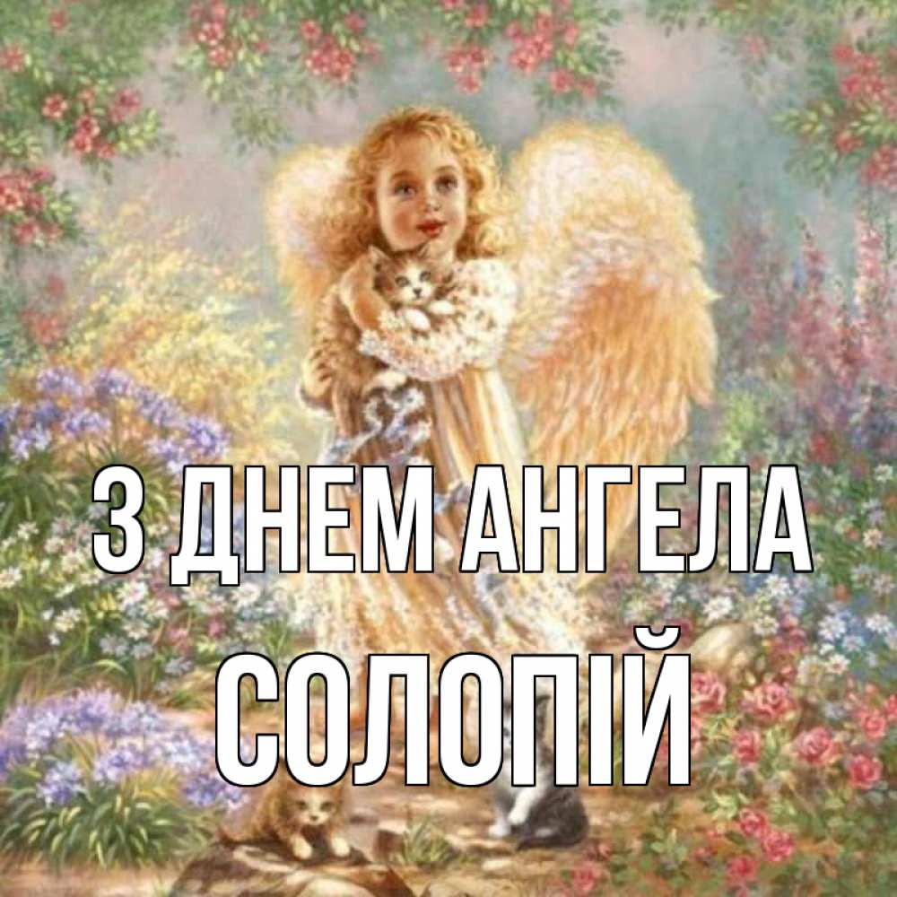 Открытка на каждый день з підписом, Солопій З Днем ангела держит котенка Прикольна листівка з побажанням онлайн скачати безкоштовно 