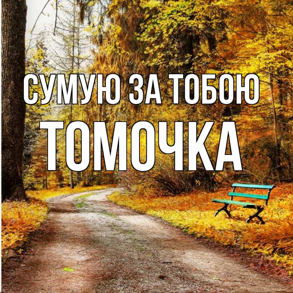 Открытка на каждый день з підписом, Томочка Сумую за тобою зеленая лавочка и осенний лес Прикольна листівка з побажанням онлайн скачати безкоштовно 