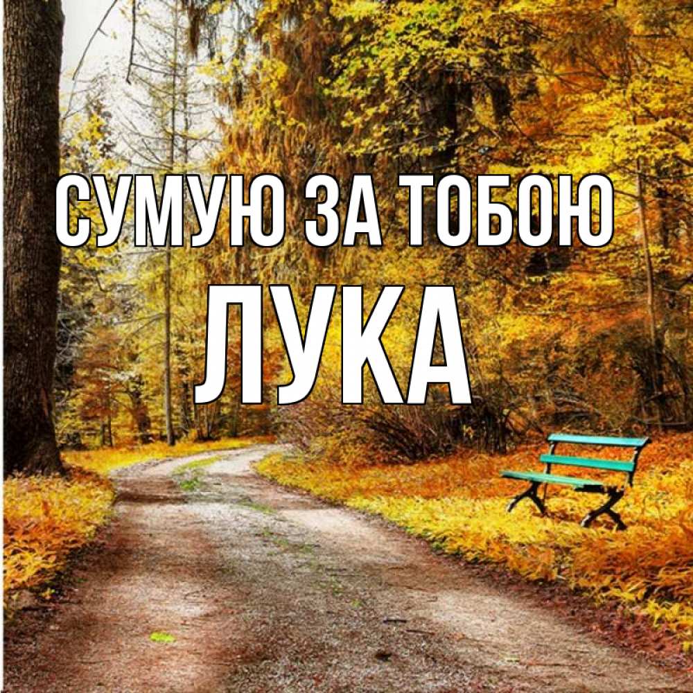 Открытка на каждый день з підписом, Лука Сумую за тобою зеленая лавочка и осенний лес Прикольна листівка з побажанням онлайн скачати безкоштовно 