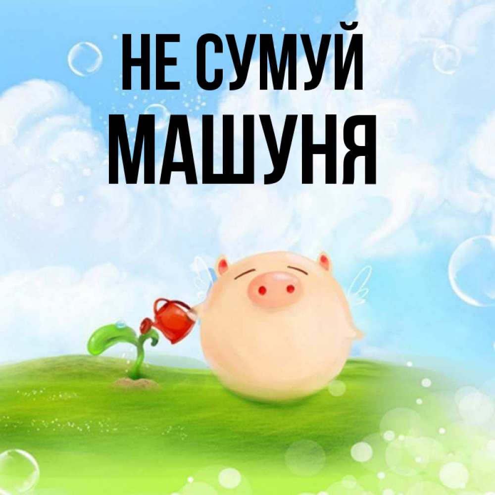 Открытка на каждый день з підписом, Машуня Не сумуй поливает цветок порося Прикольна листівка з побажанням онлайн скачати безкоштовно 