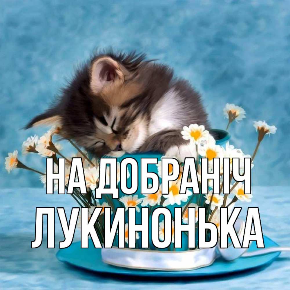 Открытка на каждый день з підписом, Лукинонька На добраніч котенок спит в кружке с блюдцем Прикольна листівка з побажанням онлайн скачати безкоштовно 