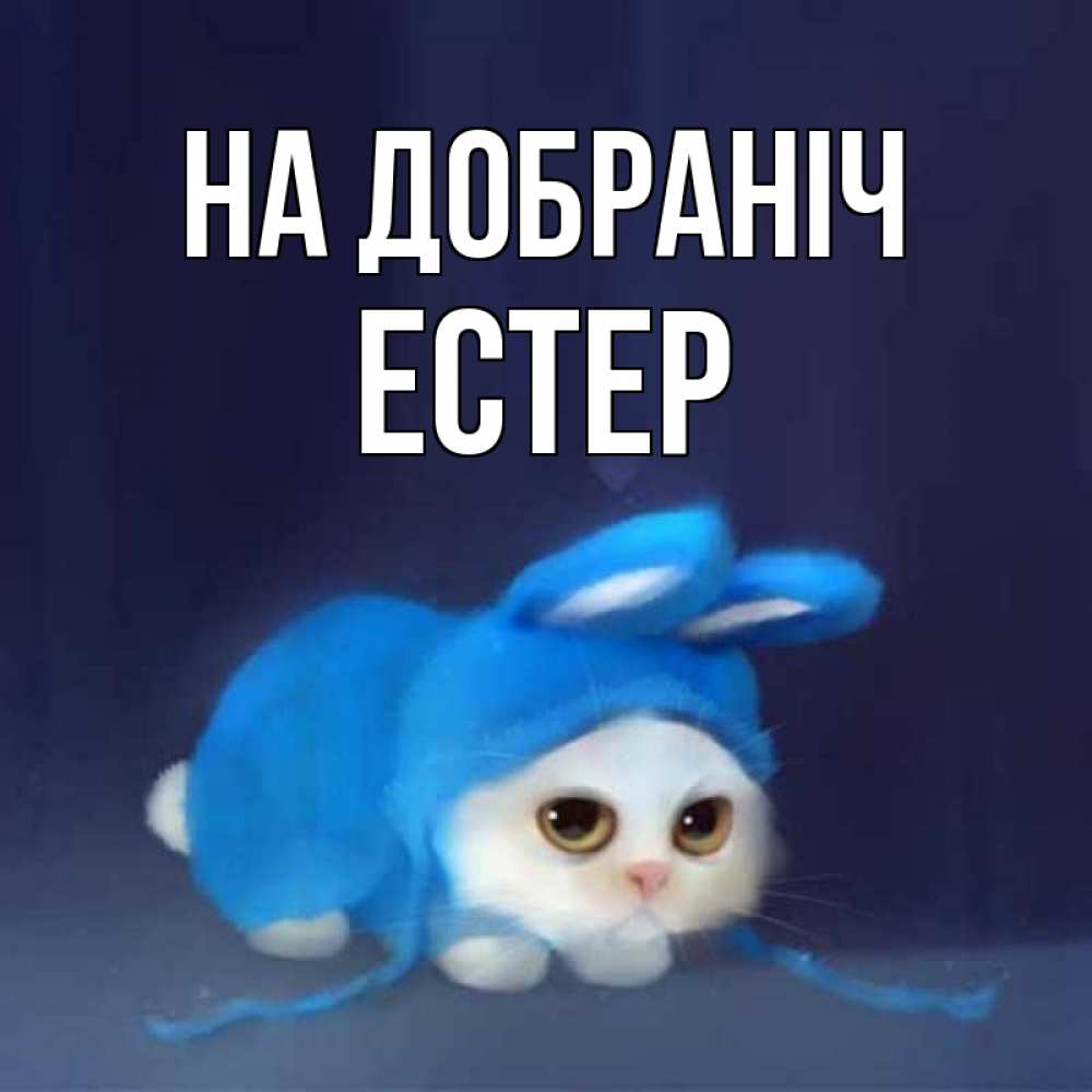 Открытка на каждый день з підписом, Естер На добраніч кот в голубом костюме кролика с ушками Прикольна листівка з побажанням онлайн скачати безкоштовно 
