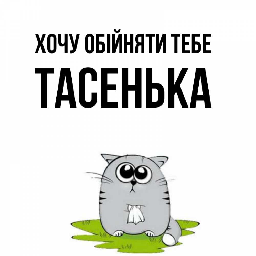 Открытка на каждый день з підписом, Тасенька Хочу обійняти тебе котик теребит платочек сидя на травке Прикольна листівка з побажанням онлайн скачати безкоштовно 