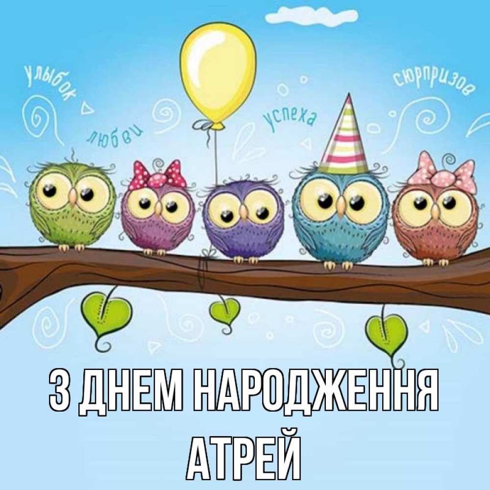 Открытка на каждый день з підписом, Атрей З Днем народження совы Прикольна листівка з побажанням онлайн скачати безкоштовно 