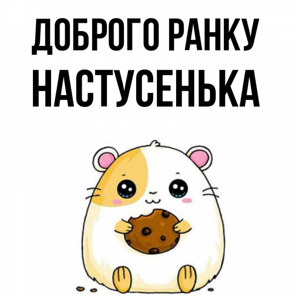 Открытка на каждый день з підписом, Настусенька Доброго ранку есть печеньку. Утречко Прикольна листівка з побажанням онлайн скачати безкоштовно 