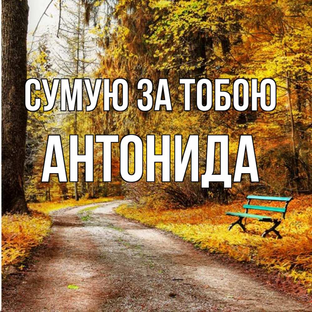 Открытка на каждый день з підписом, Антонида Сумую за тобою зеленая лавочка и осенний лес Прикольна листівка з побажанням онлайн скачати безкоштовно 