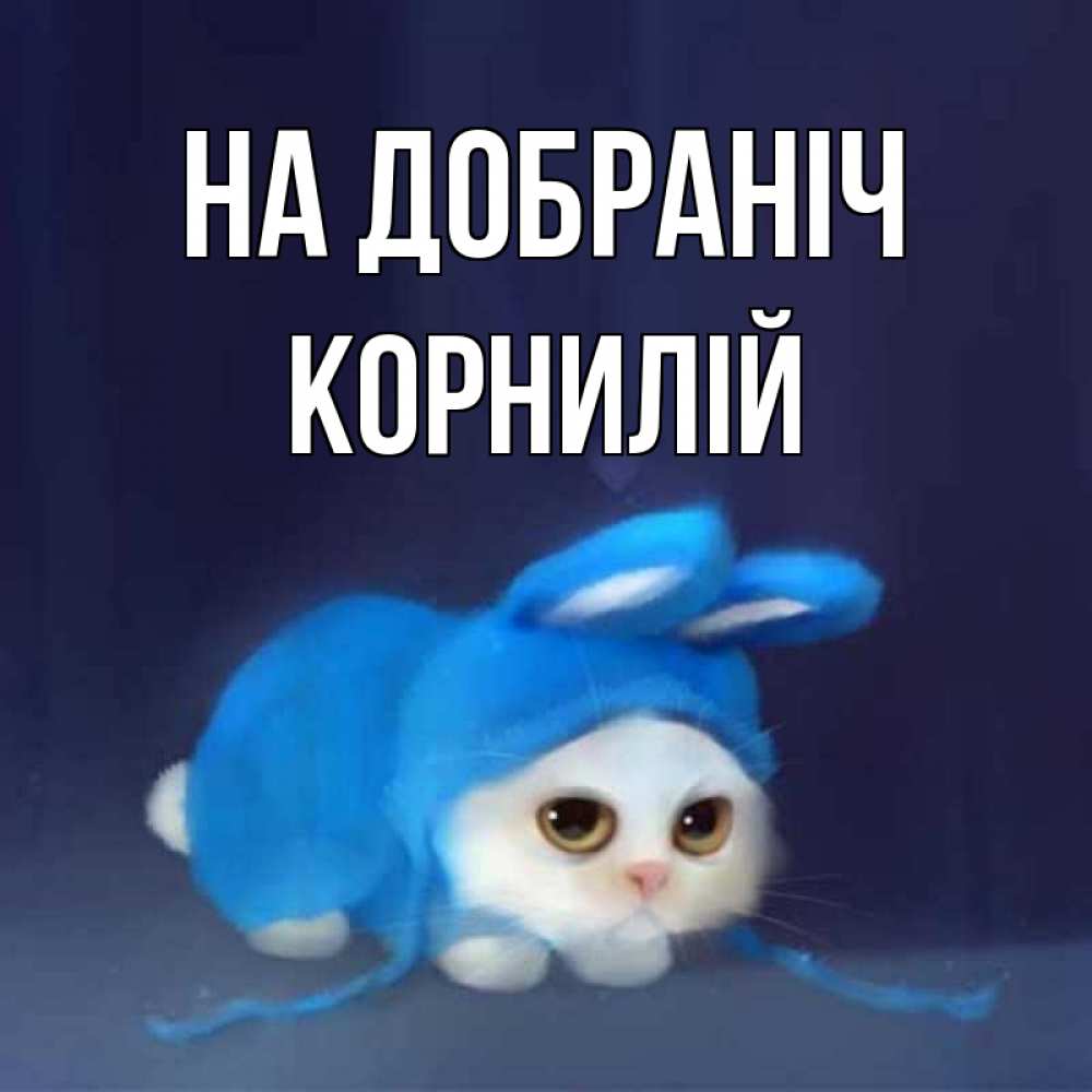 Открытка на каждый день з підписом, Корнилій На добраніч кот в голубом костюме кролика с ушками Прикольна листівка з побажанням онлайн скачати безкоштовно 