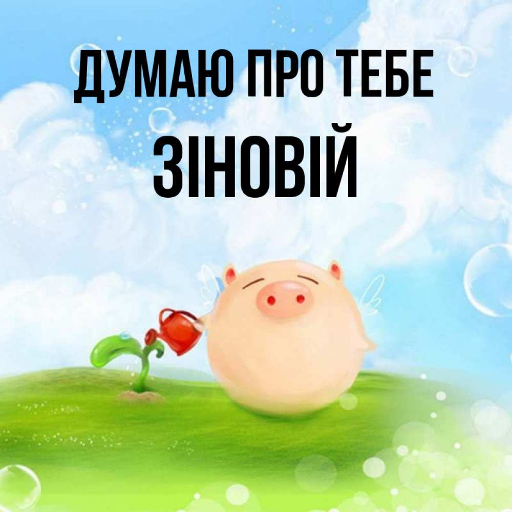 Открытка на каждый день з підписом, Зіновій Думаю про тебе позитивная свинюшка Прикольна листівка з побажанням онлайн скачати безкоштовно 