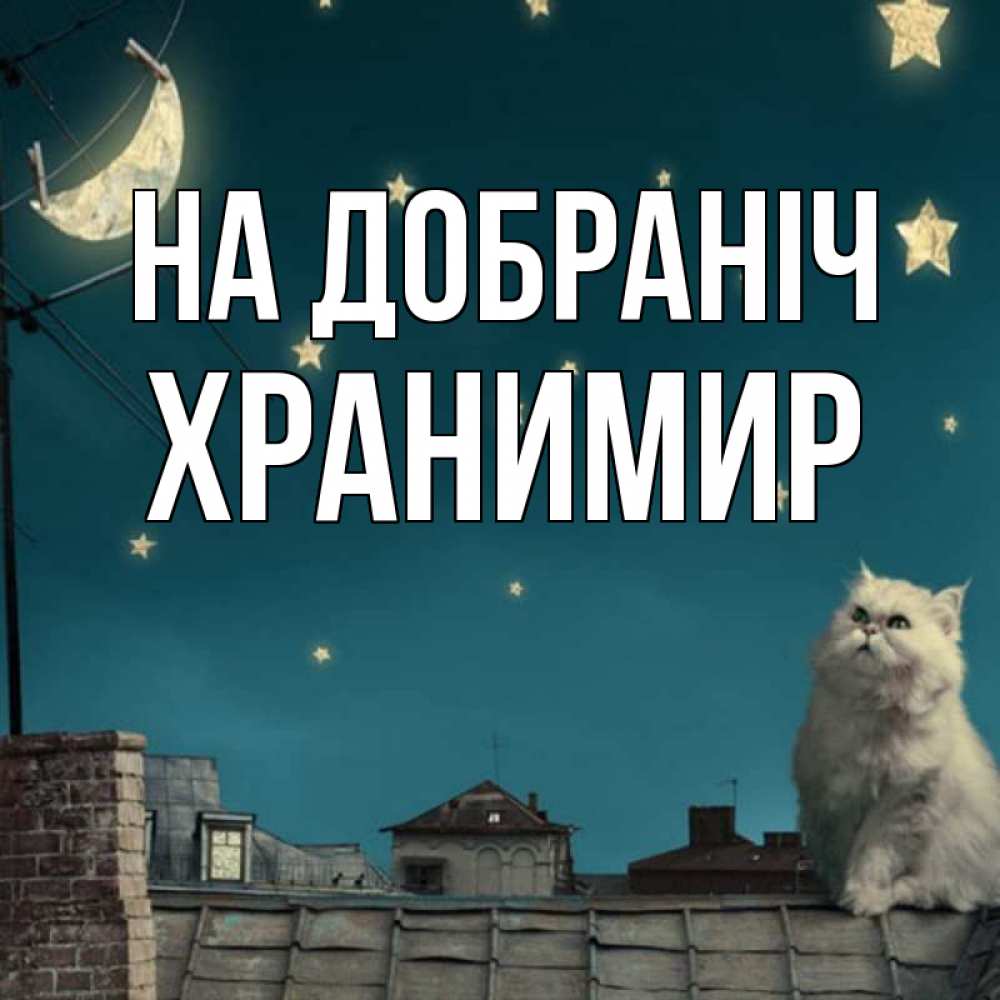 Открытка на каждый день з підписом, Хранимир На добраніч белый кот сидит на крыше Прикольна листівка з побажанням онлайн скачати безкоштовно 
