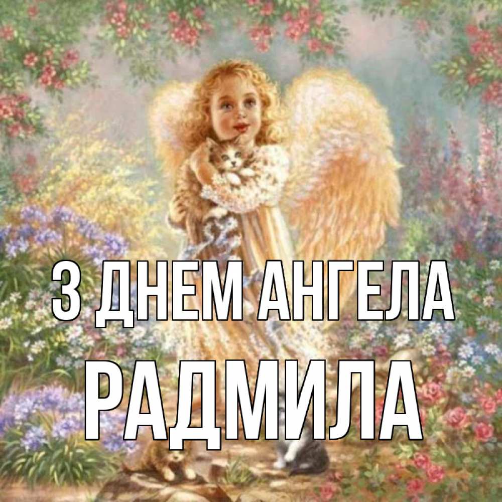 Открытка на каждый день з підписом, Радмила З Днем ангела держит котенка Прикольна листівка з побажанням онлайн скачати безкоштовно 